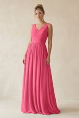 V - Neck Chiffon A - Line Long Bridesmaid Dress in Fuchsia - KissProm Bridesmaid Dresses