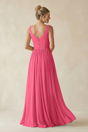V - Neck Chiffon A - Line Long Bridesmaid Dress in Fuchsia - KissProm Bridesmaid Dresses