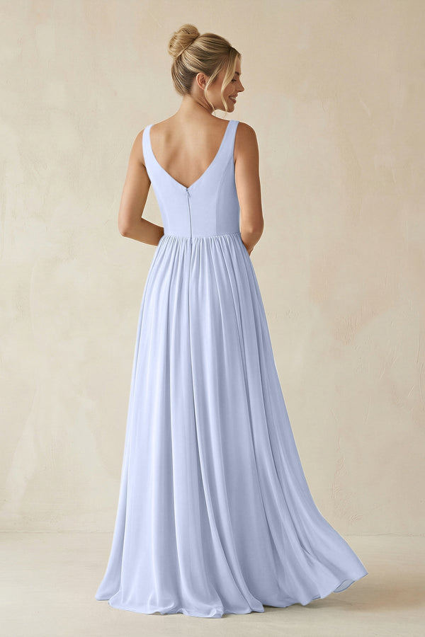 V - Neck Chiffon A - Line Long Bridesmaid Dress in Ice - KissProm Bridesmaid Dresses