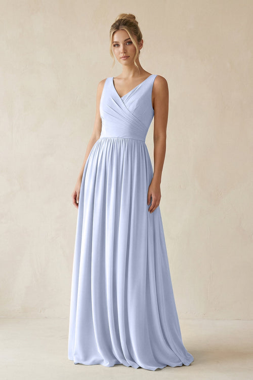 V - Neck Chiffon A - Line Long Bridesmaid Dress in Ice - KissProm Bridesmaid Dresses