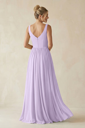 V - Neck Chiffon A - Line Long Bridesmaid Dress in Lavender - KissProm Bridesmaid Dresses