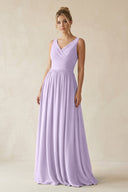V - Neck Chiffon A - Line Long Bridesmaid Dress in Lavender - KissProm Bridesmaid Dresses