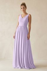 V - Neck Chiffon A - Line Long Bridesmaid Dress in Lavender - KissProm Bridesmaid Dresses