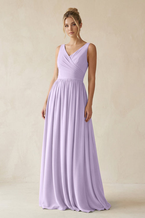 V - Neck Chiffon A - Line Long Bridesmaid Dress in Lavender - KissProm Bridesmaid Dresses