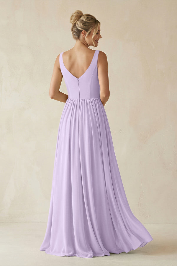 V - Neck Chiffon A - Line Long Bridesmaid Dress in Lavender - KissProm Bridesmaid Dresses