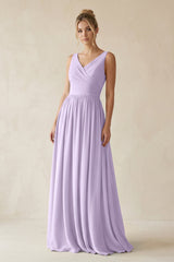 V - Neck Chiffon A - Line Long Bridesmaid Dress in Lavender - KissProm Bridesmaid Dresses