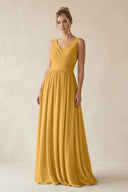 V - Neck Chiffon A - Line Long Bridesmaid Dress in Marigold - KissProm Bridesmaid Dresses