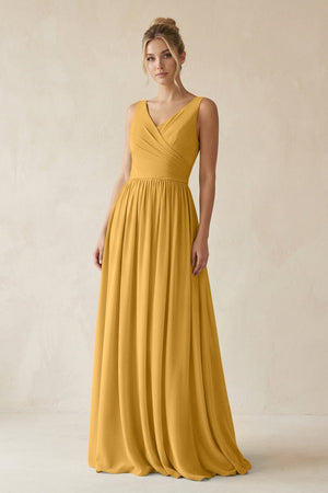 V - Neck Chiffon A - Line Long Bridesmaid Dress in Marigold - KissProm Bridesmaid Dresses