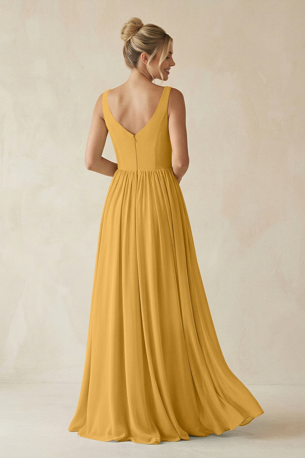 V - Neck Chiffon A - Line Long Bridesmaid Dress in Marigold - KissProm Bridesmaid Dresses