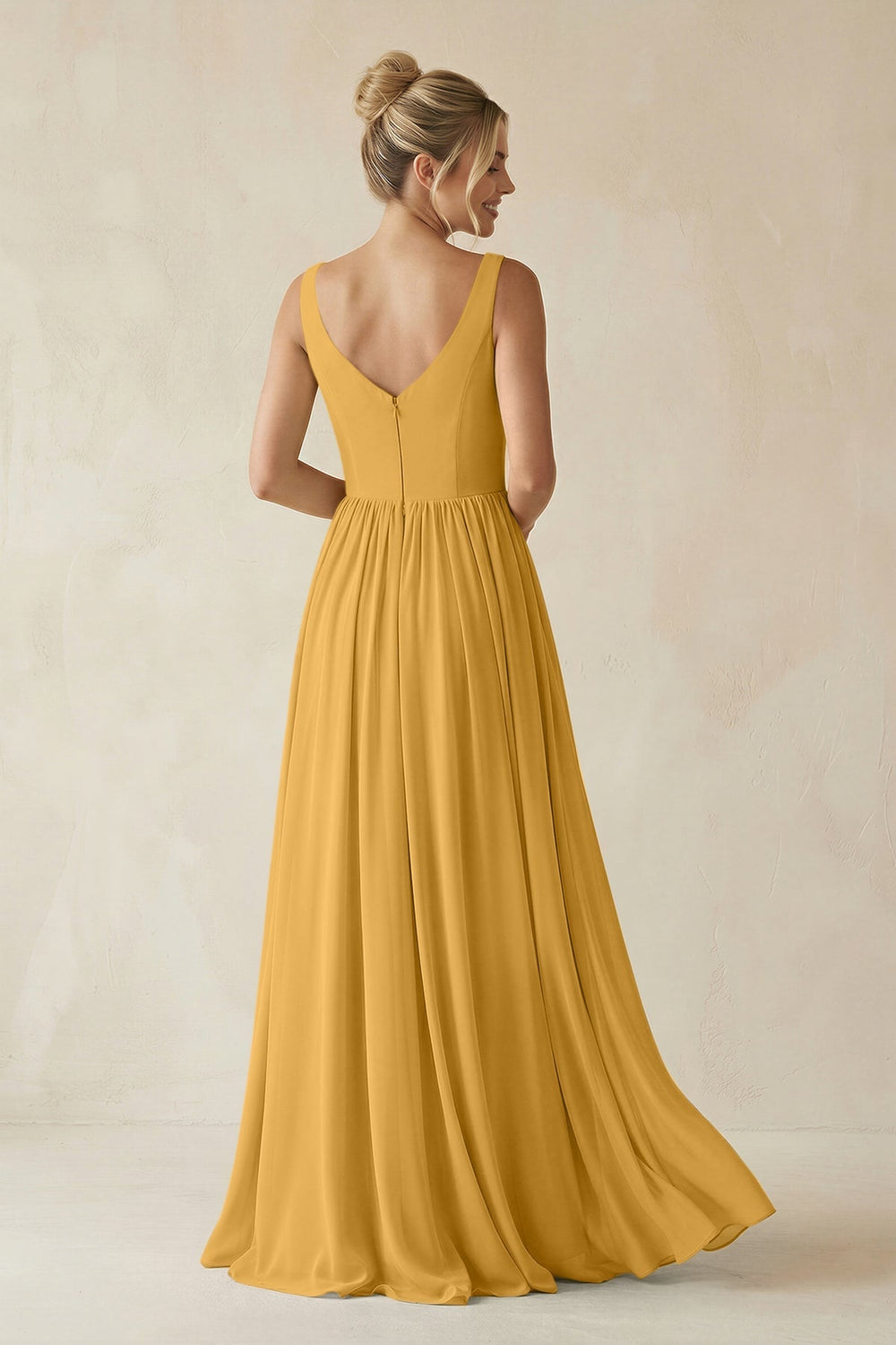 V - Neck Chiffon A - Line Long Bridesmaid Dress in Marigold - KissProm Bridesmaid Dresses