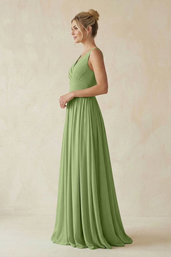 V - Neck Chiffon A - Line Long Bridesmaid Dress in Matcha - KissProm Bridesmaid Dresses