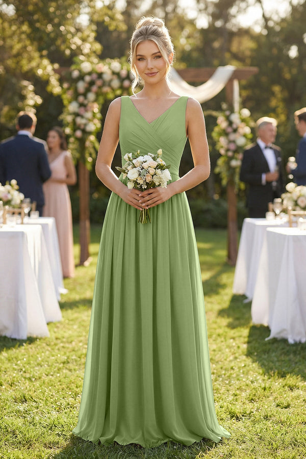 V-Neck Chiffon A-Line Long Bridesmaid Dress in Matcha, Matcha / 12