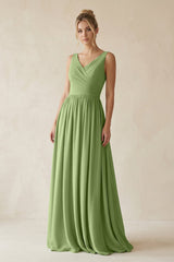 V - Neck Chiffon A - Line Long Bridesmaid Dress in Matcha - KissProm Bridesmaid Dresses