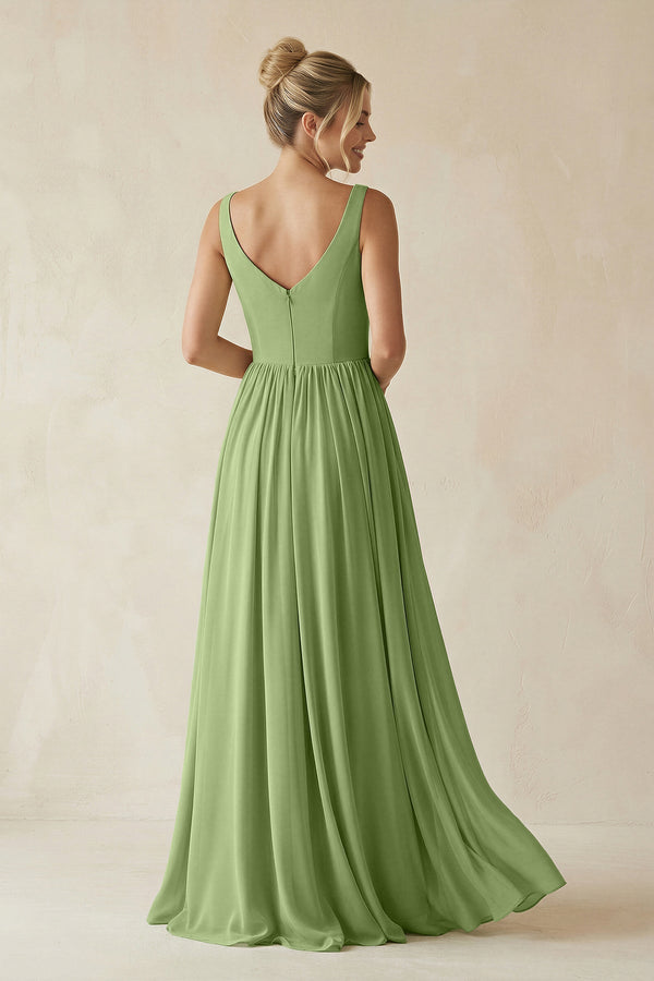 V - Neck Chiffon A - Line Long Bridesmaid Dress in Matcha - KissProm Bridesmaid Dresses