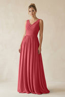 V - Neck Chiffon A - Line Long Bridesmaid Dress in Merlot - KissProm Bridesmaid Dresses