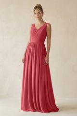 V - Neck Chiffon A - Line Long Bridesmaid Dress in Merlot - KissProm Bridesmaid Dresses