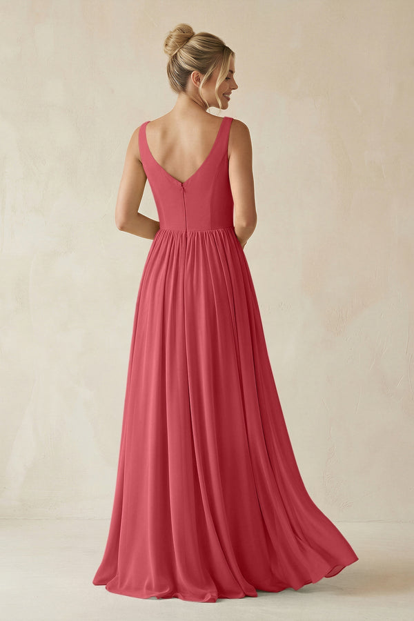 V - Neck Chiffon A - Line Long Bridesmaid Dress in Merlot - KissProm Bridesmaid Dresses