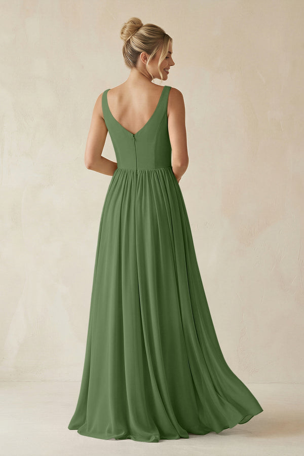 V - Neck Chiffon A - Line Long Bridesmaid Dress in Moss - KissProm Bridesmaid Dresses