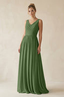 V - Neck Chiffon A - Line Long Bridesmaid Dress in Moss - KissProm Bridesmaid Dresses