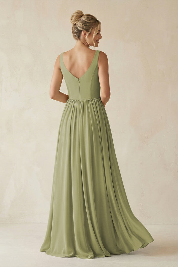 V - Neck Chiffon A - Line Long Bridesmaid Dress in Moss Green - KissProm Bridesmaid Dresses