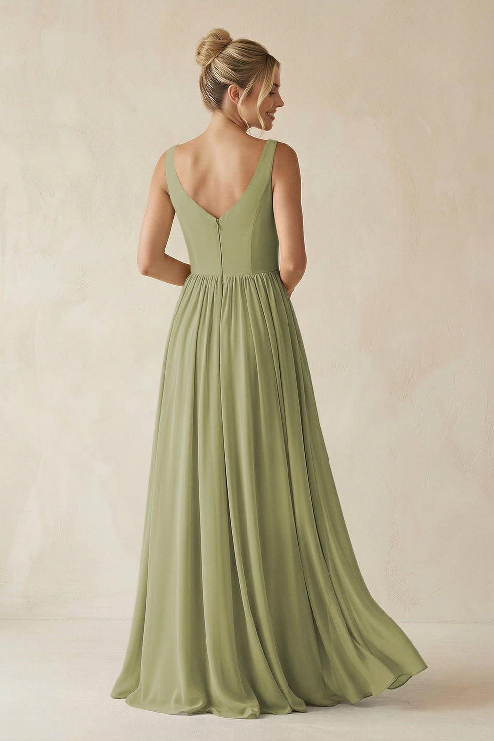 V - Neck Chiffon A - Line Long Bridesmaid Dress in Moss Green - KissProm Bridesmaid Dresses