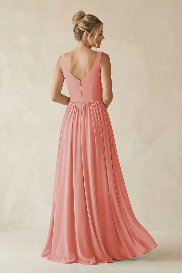 V - Neck Chiffon A - Line Long Bridesmaid Dress in Mulberry - KissProm Bridesmaid Dresses