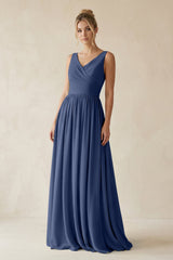 V - Neck Chiffon A - Line Long Bridesmaid Dress in Navy - KissProm Bridesmaid Dresses
