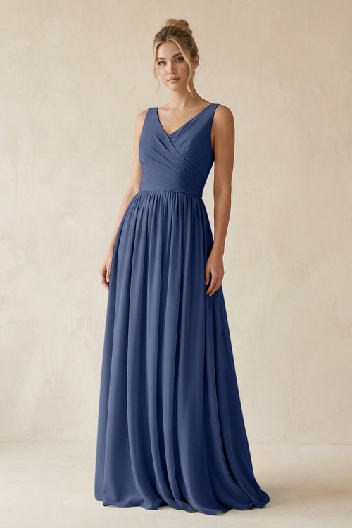 V - Neck Chiffon A - Line Long Bridesmaid Dress in Navy - KissProm Bridesmaid Dresses