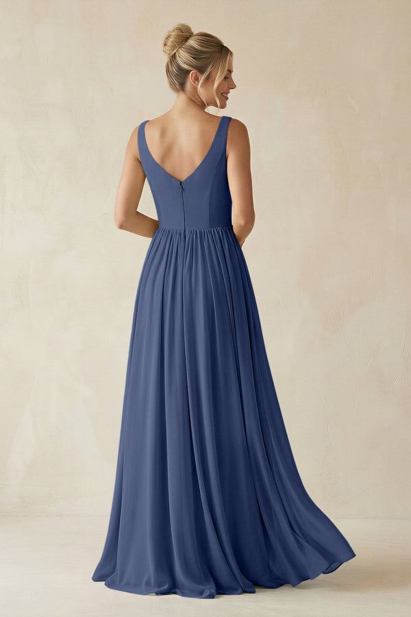 V - Neck Chiffon A - Line Long Bridesmaid Dress in Navy - KissProm Bridesmaid Dresses