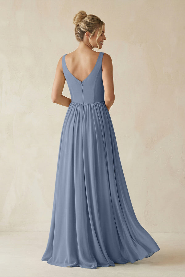 V - Neck Chiffon A - Line Long Bridesmaid Dress in Neptune - KissProm Bridesmaid Dresses