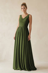 V - Neck Chiffon A - Line Long Bridesmaid Dress in Olive - KissProm Bridesmaid Dresses