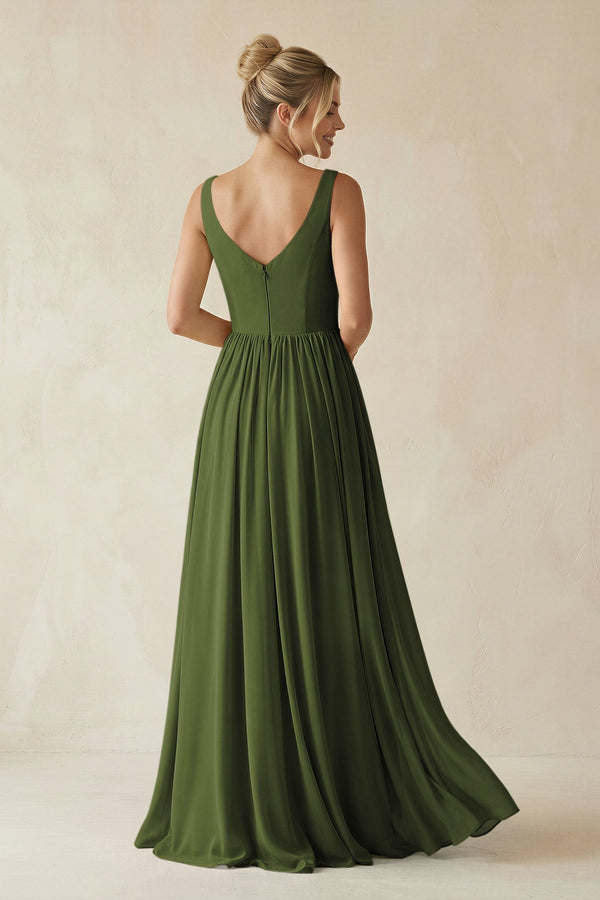 V - Neck Chiffon A - Line Long Bridesmaid Dress in Olive - KissProm Bridesmaid Dresses
