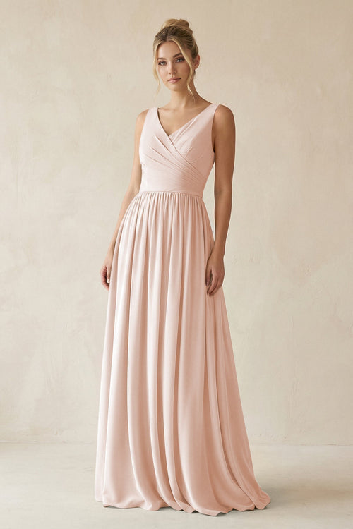 V - Neck Chiffon A - Line Long Bridesmaid Dress in Pale Blush - KissProm Bridesmaid Dresses