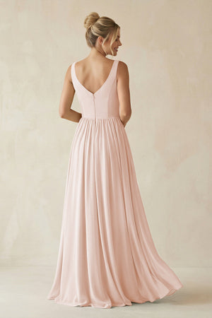 V - Neck Chiffon A - Line Long Bridesmaid Dress in Pale Blush - KissProm Bridesmaid Dresses