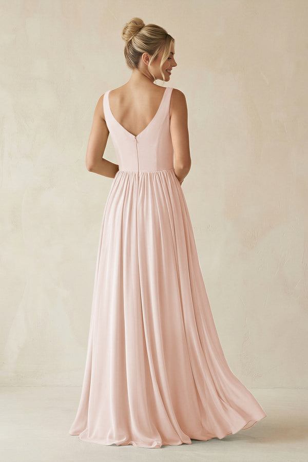 V - Neck Chiffon A - Line Long Bridesmaid Dress in Pale Blush - KissProm Bridesmaid Dresses