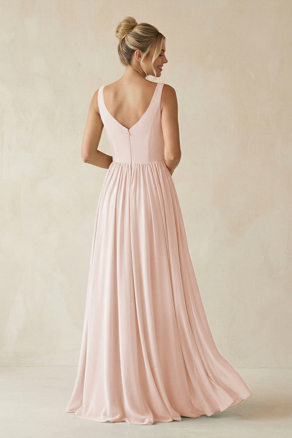 V - Neck Chiffon A - Line Long Bridesmaid Dress in Pale Blush - KissProm Bridesmaid Dresses
