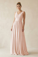 V - Neck Chiffon A - Line Long Bridesmaid Dress in Pale Blush - KissProm Bridesmaid Dresses