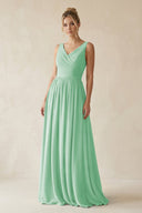 V - Neck Chiffon A - Line Long Bridesmaid Dress in Pale Pistachio - KissProm Bridesmaid Dresses