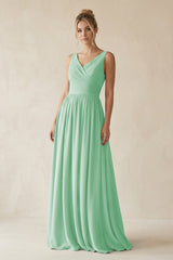 V - Neck Chiffon A - Line Long Bridesmaid Dress in Pale Pistachio - KissProm Bridesmaid Dresses