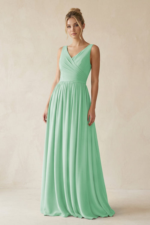 V - Neck Chiffon A - Line Long Bridesmaid Dress in Pale Pistachio - KissProm Bridesmaid Dresses