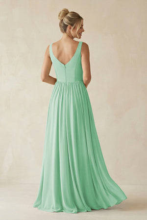 V - Neck Chiffon A - Line Long Bridesmaid Dress in Pale Pistachio - KissProm Bridesmaid Dresses