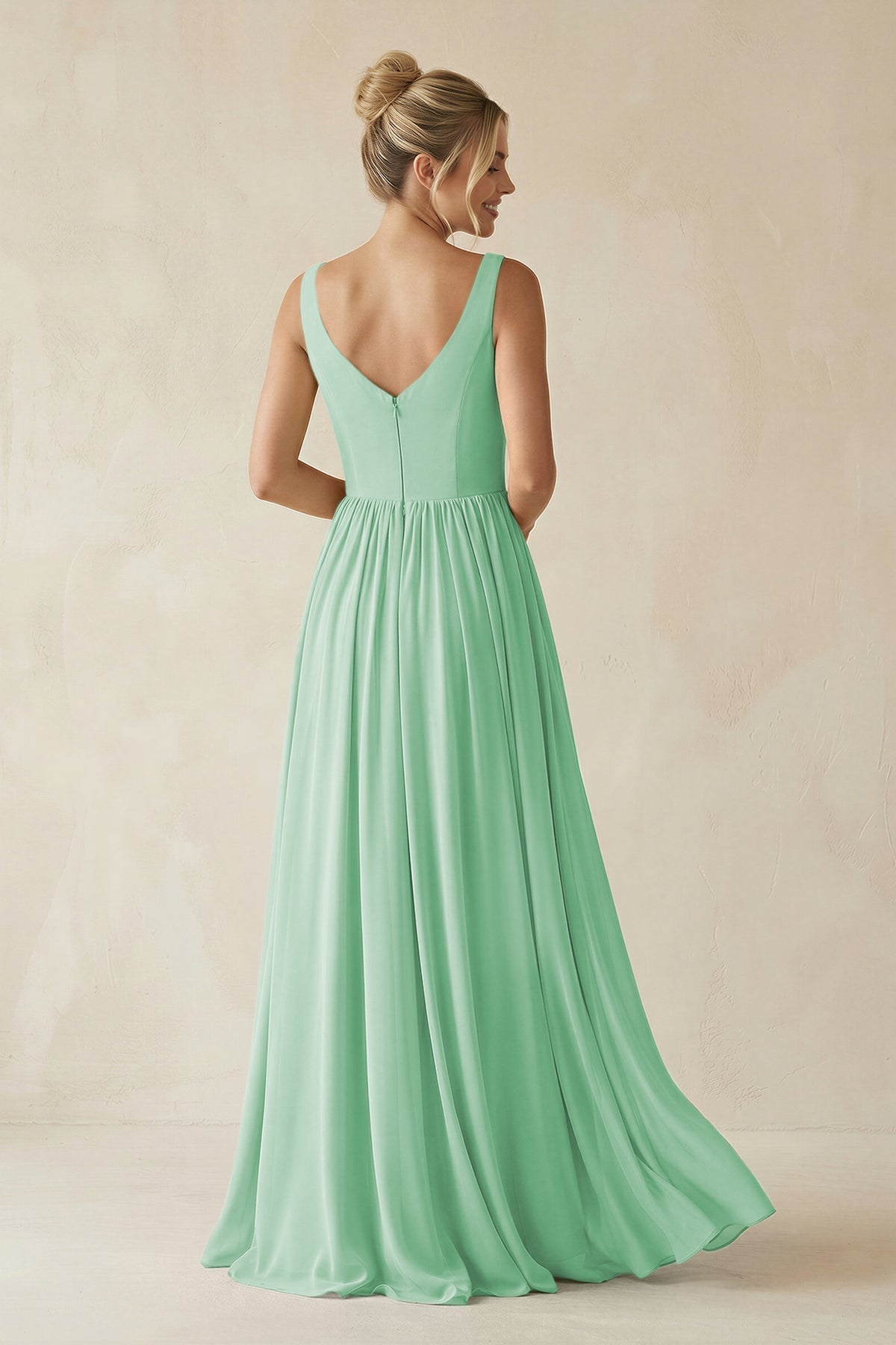 KissProm V-Neck Chiffon A-Line Long Bridesmaid Dress in Pale Pistachio, Pale Pistachio / Custom Size( Free )