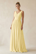 V - Neck Chiffon A - Line Long Bridesmaid Dress in Pastel Yellow - KissProm Bridesmaid Dresses
