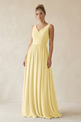 V - Neck Chiffon A - Line Long Bridesmaid Dress in Pastel Yellow - KissProm Bridesmaid Dresses