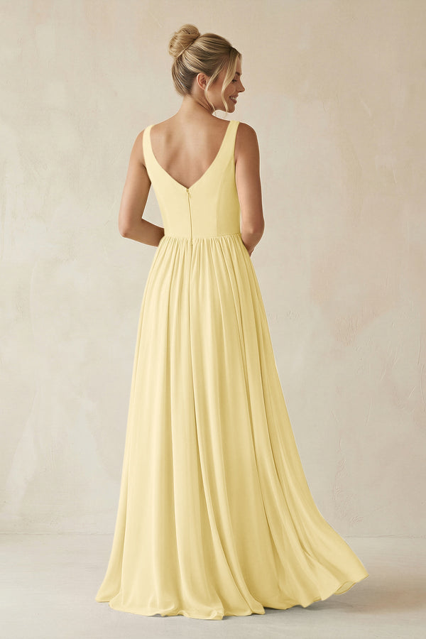 V - Neck Chiffon A - Line Long Bridesmaid Dress in Pastel Yellow - KissProm Bridesmaid Dresses