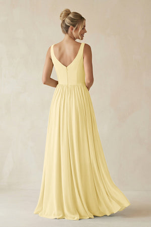 V - Neck Chiffon A - Line Long Bridesmaid Dress in Pastel Yellow - KissProm Bridesmaid Dresses