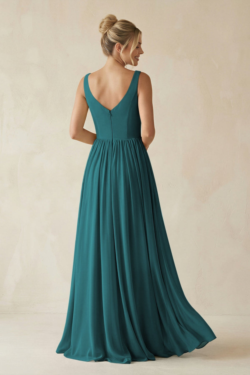 V - Neck Chiffon A - Line Long Bridesmaid Dress in Pine - KissProm Bridesmaid Dresses