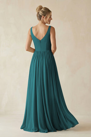V - Neck Chiffon A - Line Long Bridesmaid Dress in Pine - KissProm Bridesmaid Dresses