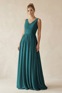 V - Neck Chiffon A - Line Long Bridesmaid Dress in Pine - KissProm Bridesmaid Dresses