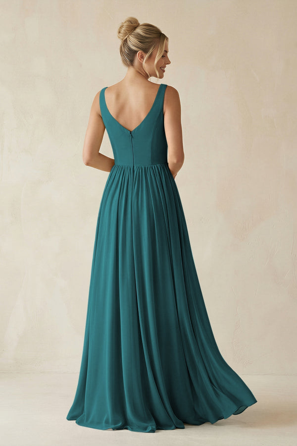 V - Neck Chiffon A - Line Long Bridesmaid Dress in Pine - KissProm Bridesmaid Dresses
